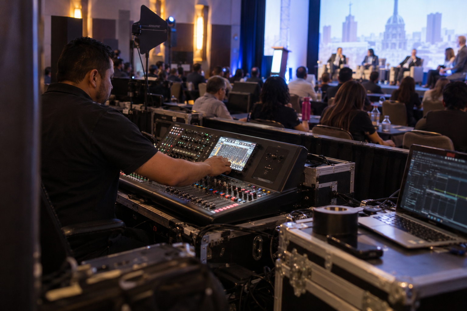 Ingeniero operando una consola de audio durante un evento
