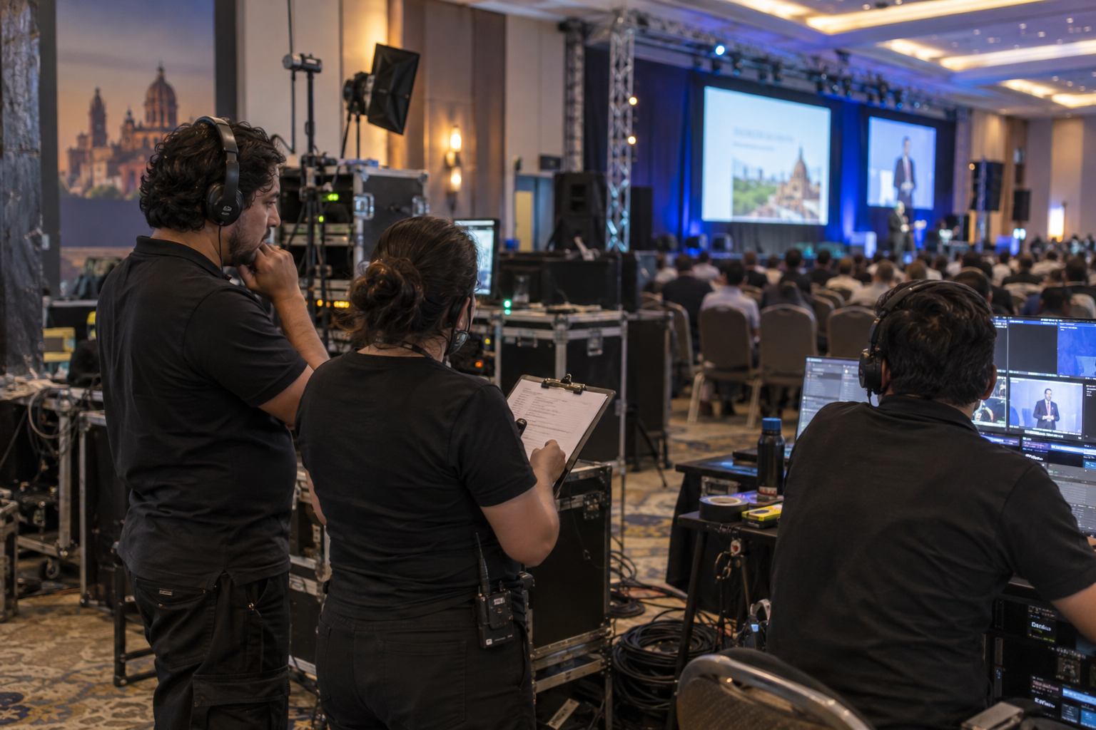 Equipo coordinando la producción técnica de un evento