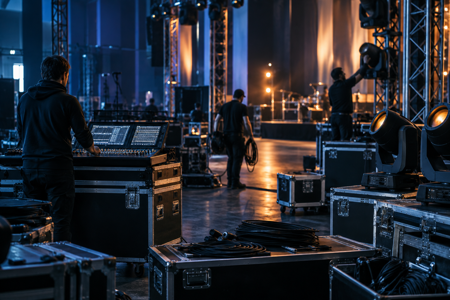 Preparación técnica de audio e iluminación para un evento